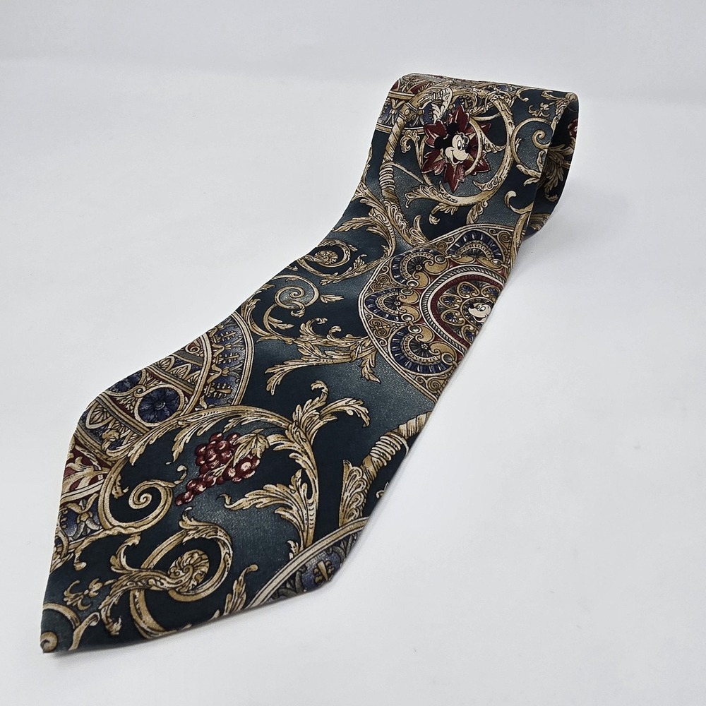 Disney Mickey Inc Tie Mens Green Gold Baroque Scroll Medallion Ornate Necktie